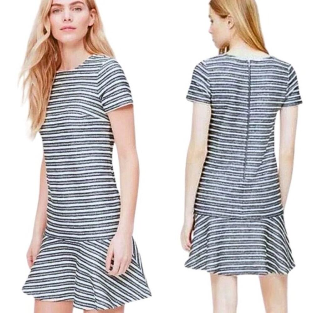 LOFT Navy and White Striped Tweed Peplum Casual Mini Dress Sz 14